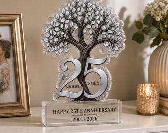 Personalized 25th Anniversary Acrylic Plaque, Custom Silver Anniversary Gift for Couple, Parents Wedding Keepsake