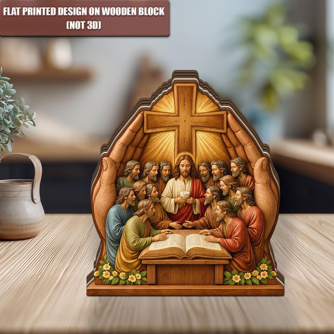 Jesus Block Christian Wooden Block Decor, Jesus Last Supper Art With Cross, Faith ...