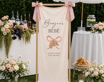 Bonjour Bebe Baby Shower Banner, Personalized French Cafe Welcome Sign, Croissant Parisian Shower Decor