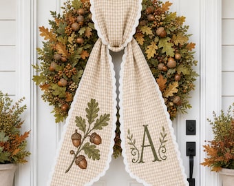 Personalized Fall Wreath Sash, Embroidered Acorn Monogram Wreath Bow, Neutral Gingham Front Door Decor, Housewarming Gift