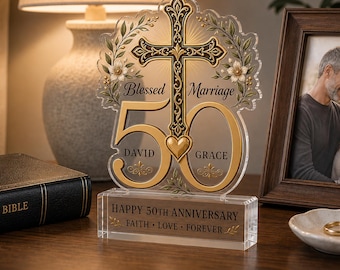 Targa acrilica per il 50° anniversario di matrimonio di Christian, regalo personalizzato per l'anniversario d'oro per genitori, nonni e coppia.