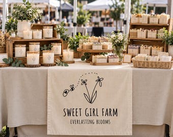 Custom Logo Table Runner, Linen Vendor Table Banner for Small Business, Farmers Market Booth Decor, Pop Up Shop & Trade Show Display
