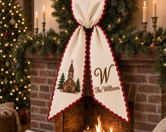 Personalized Christmas Wreath Sash, Church Family Name Door Bow, Custom Monogram Christian Holiday Decor