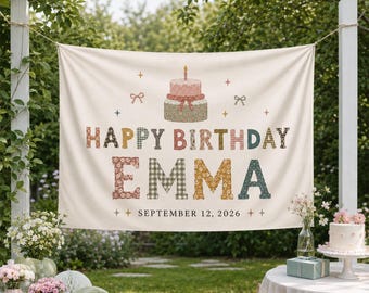 Personalized Floral Birthday Banner, Custom Name and Date Fabric Backdrop, Vintage Patchwork Party Decor for Girls