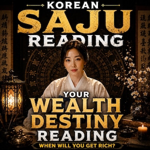 Pode incluir: Uma pessoa vestindo um hanbok de cor clara em frente a um fundo escuro com texto dourado que diz KOREAN SAJU READING, YOUR WEALTH DESTINY READING e WHEN WILL YOU GET RICH? Uma lanterna acesa e um vaso com flores brancas estão nas laterais.