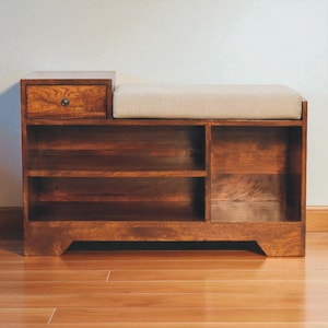 Entryway Shoe Storage Bench – Solid Wood Seating with Cushion and Shelves