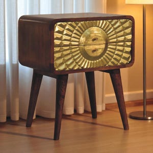 Curved Nightstand with Brass Detail – Solid Wood Bedside Table with 2 Drawers