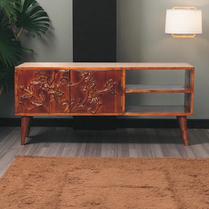 Solid Wood Media Console: Carved Floral Doors, Modern TV Stand