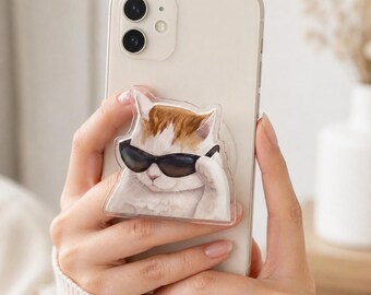 Cool Cat Phone Grip, Funny Sunglasses Cat Acrylic Phone Holder, Custom Shape Cat Grip, Cute Pet Lover Phone Stand, Kawaii Cat Gift for Her