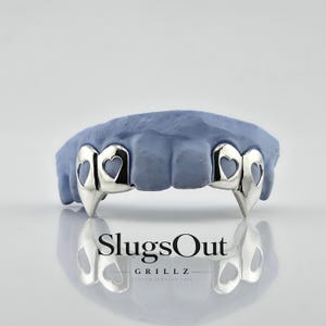 Custom 4pcs Open Hearts with Extended Fangs Grillz (925 Sterling Silver/Free Mold Kit)