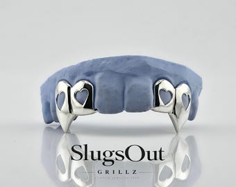 Custom 4pcs Open Hearts with Extended Fangs Grillz (925 Sterling Silver/Free Mold Kit)