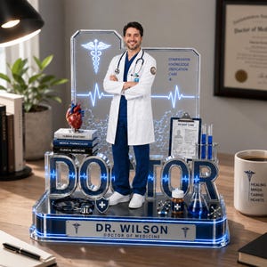 Puede incluir: Figura decorativa de m&eacute;dico con una figura masculina con bata blanca frente a un fondo m&eacute;dico. La base incluye la palabra "DOCTOR" y el nombre "DR. WILSON". Elementos adicionales: un coraz&oacute;n modelo, libros y equipo m&eacute;dico.