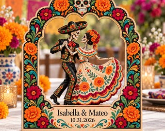 Personalized Day of the Dead Wooden Block, Custom Skeleton Couple Keepsake, Floral Wedding Decor, Anniversary Gift, Couple Name Plaque