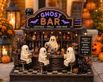 Décoration de bar fantôme personnalisée pour Halloween, bar à cocktails hanté avec citrouilles, chauves-souris et chat noir, panneau de table de taverne hantée, présentoir de fête vintage