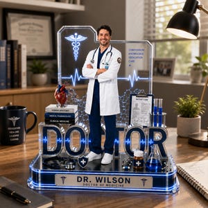Puede incluir: Figura decorativa de profesional m&eacute;dico con un m&eacute;dico con bata blanca, estetoscopio y la palabra "DOCTOR" en azul. Incluye s&iacute;mbolos m&eacute;dicos, libros y el texto "DR. WILSON DOCTOR OF MEDICINE".