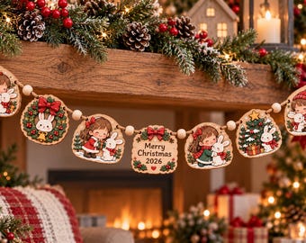 Personalized Christmas Wooden Ornament Garland, Cute Girl Bunny Holiday Decor, Custom Family Keepsake, Rustic Christmas Tree Decoration