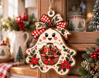 Adorno navideño de fantasma adorable y personalizable, recuerdo navideño de fantasma de madera, decoración festiva para el árbol, regalo de Navidad.