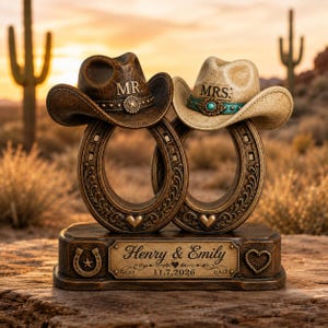 May include: A decorative tabletop ornament featuring two interlocking horseshoes topped with a dark brown cowboy hat labeled MR. and a cream-colored cowboy hat labeled MRS. The base displays the text Henry & Emily and the date 11.7.2026.
