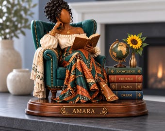 Bloc de bois personnalisé représentant une femme noire, figurine de lecture avec nom personnalisé, décoration d'étagère pour amoureux des livres, cadeau afro-américain, souvenir littéraire
