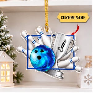 Personalized Bowling Christmas Ornament, Custom Name Bowling Trophy Acrylic Ornament, Bowling Ball and Pins Gift, Bowler Team Keepsake