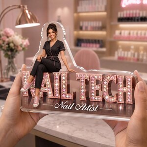 Personalized Nail Tech 2D Flat Acrylic Block, Custom Nail Artist Nameplate, Manicurist Gift, Salon Desk Decor, Beauty Keepsake