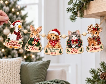 Personalized Christmas Ornament Garland, Custom Family Name Wooden Animal Garland, Holiday Mantel Decor, Rustic Christmas Banner 2026