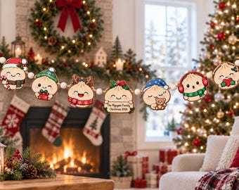 Personalized Dumpling Family Wooden Ornament, Custom Christmas Garland, Double Sided Wood Decor, Family Holiday Keepsake Gift