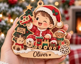 Personalized Boy Christmas Wooden Ornament, Custom Name Holiday Keepsake, Kids Xmas Tree Decor, Train Reindeer Teddy Bear Gift