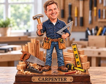 Personalized Carpenter Wooden Block, Custom Woodworker Portrait Keepsake, Handyman Workshop Decor, Construction Worker Gift, Tradesman