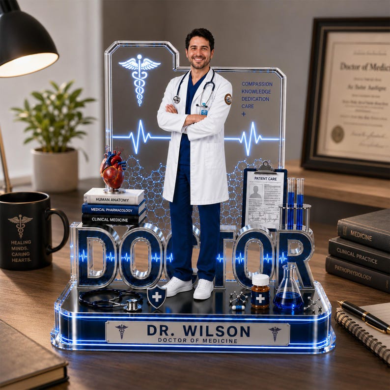 Puede incluir: Una decoraci&oacute;n de tem&aacute;tica m&eacute;dica con una figura de m&eacute;dico, libros y equipo de laboratorio. La base dice "DR. WILSON DOCTOR OF MEDICINE". La palabra "DOCTOR" es prominente, junto con un s&iacute;mbolo de caduceo. La pantalla est&aacute; iluminada con luces azules.