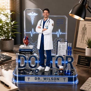 Puede incluir: Una exhibici&oacute;n decorativa con tem&aacute;tica m&eacute;dica que presenta una figura de m&eacute;dico con bata blanca y uniforme azul. La base tiene la palabra "DOCTOR", un estetoscopio y una placa con el nombre "DR. WILSON DOCTOR OF MEDICINE". La exhibici&oacute;n incluye s&iacute;mbolos m&eacute;dicos y texto.