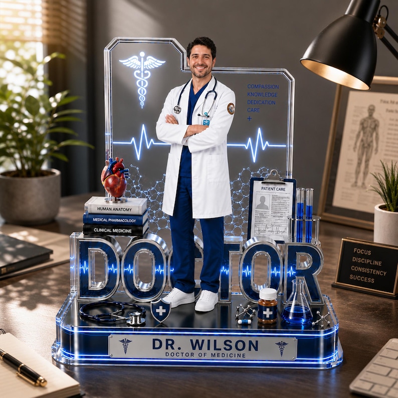 Puede incluir: Una exhibici&oacute;n decorativa con tem&aacute;tica m&eacute;dica que presenta una figura de m&eacute;dico con bata blanca y uniforme azul. La base tiene la palabra "DOCTOR", un estetoscopio y una placa con el nombre "DR. WILSON DOCTOR OF MEDICINE". La exhibici&oacute;n incluye s&iacute;mbolos m&eacute;dicos y texto.
