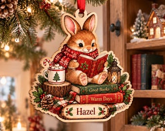 Adorno navideño de conejito personalizado, adorno navideño de conejo de madera personalizado 2026, recuerdo para amantes de los libros, acogedor regalo de decoración para el árbol de invierno