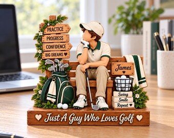 Personalized Golfer Wooden Block, Custom Name Golf Plaque, Sports Lover Gift for Him, Player Keepsake, Desk Decor, Clubhouse Shelf Display