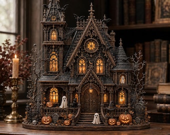 Bloque de madera de mansión gótica embrujada, letrero de casa de Halloween, decoración de estante con fantasma, calabaza y gato negro, regalo