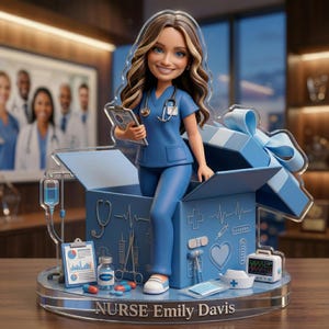 May include: A figurine of a smiling nurse in blue scrubs holding a clipboard, emerging from a blue gift box. The box is decorated with medical symbols. The base reads "NURSE Emily Davis".