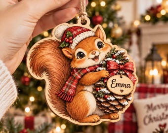 Personalized Squirrel Wooden Christmas Ornament, Custom Name Holiday Keepsake, Cute Woodland Xmas Tree Decor, Rustic Christmas Gift