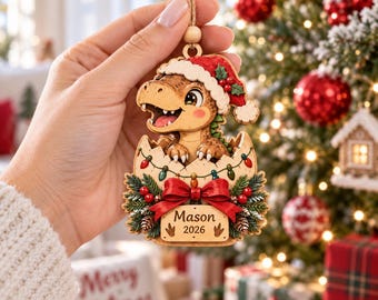 Personalized Dinosaur Christmas Wooden Ornament, Custom Name Kids Holiday Keepsake, T Rex Xmas Tree Decor, Dinosaur Lover Gift