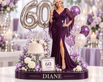 Bloc acrylique personnalisé pour le 60e anniversaire, portrait de femme personnalisé, souvenir, décoration pour célébrer un événement important, cadeau floral violet pour elle