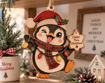 Personalized Penguin Wooden Christmas Ornament, Chillin Thru Christmas Decor, Cute Holiday Keepsake, Rustic Xmas Gift 2026