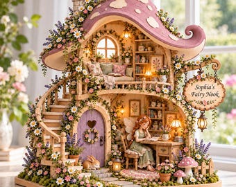 Personalized Fairy Nook Wooden Block, Mushroom Cottage Desk Decor, Custom Name Plaque, Whimsical Floral Shelf Display, Fantasy Lover Gift