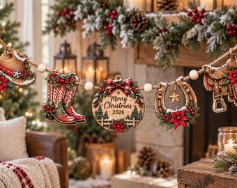 Personalized Western Christmas Wooden Garland, Cowboy Holiday Ornament Banner, Custom Ranch Decor, Horse Lover Christmas Keepsake