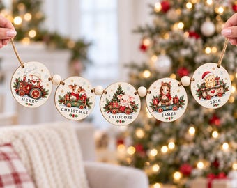Personalized Wooden Christmas Ornament Garland, Custom Family Name Holiday Decor, Farm Animal Xmas Keepsake, Rustic Christmas Gift 2026