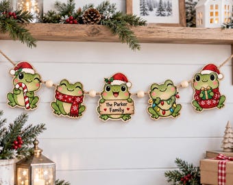 Personalized Frog Family Christmas Garland, Custom Wooden Ornament 2 Sided, Frog Holiday Decor, Family Name Christmas Keepsake