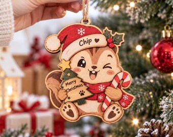 Personalized Squirrel Christmas Wooden Ornament, Custom Pet Name Holiday Keepsake, Cute Animal Xmas Tree Decor, Woodland Christmas Gift