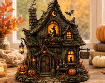 Bloque de madera personalizado de Halloween, decoración de estante con forma de casa de bruja, letrero de cabaña de brujas, regalo espeluznante de calabaza para la repisa de la chimenea en otoño