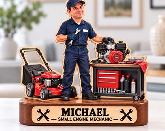 Personalized Small Engine Mechanic Wooden Block, Custom Repairman Portrait Keepsake, Workshop Garage Decor, Handyman Gift, Name Plaque