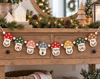 Personalized Mushroom Family Wooden Ornament, Custom Name Christmas Garland, Double Sided Wood Decor, Family Holiday Keepsake Gift