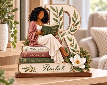 Personalized Christian Woman Wooden Block, Custom Name Initial Plaque, Faith Grace Bookshelf Decor, Black Reader Gift, Floral Desk Display