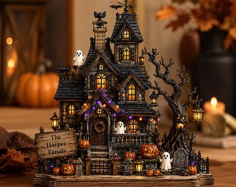 Bloque de madera personalizado para casa embrujada, letrero de Halloween de la familia Harper, regalo para decorar estantes con forma de calabaza fantasma otoñal